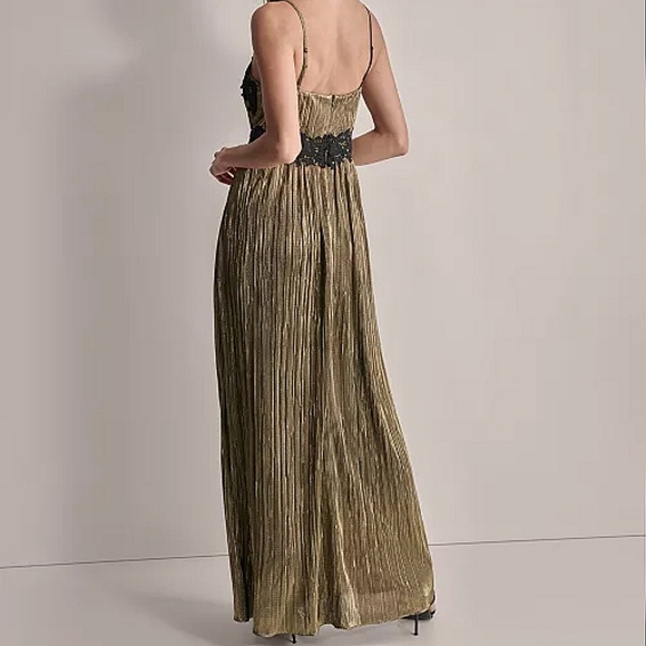 DKNY Women's Pleated Metallic Lace-Trim‎ Sleeveless Gown Sz 2 - Picture 3 of 13
